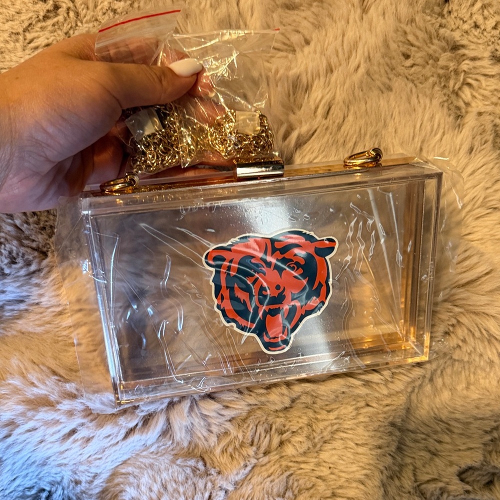 Fanatics Clear Crossbody Bag with Gold Chain and Orange Bear Logo